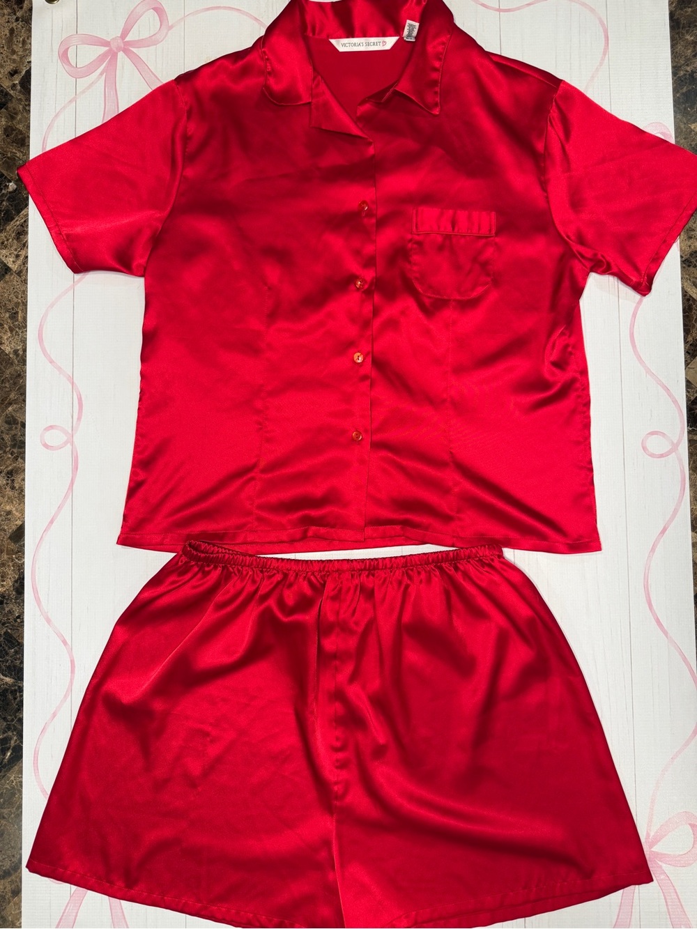 Vintage Victoria's Secret Red Satin Short-Sleeve Pajama Set Size Large